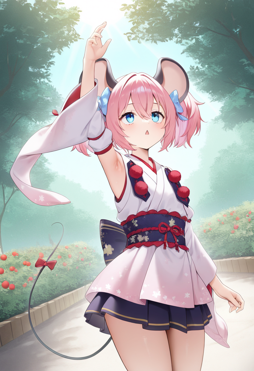 1girl,solo,un_(show_by_rock!!),<lora:unsb69il:0.9>,pink hair,animal ears,blue eyes,mouse ears,twintails,tail,mouse tail,hair ornament,blue hair bow,japanese clothes,detached sleeves,skirt,kimono,obi,wide sleeves,sleeveless kimonos,looking_up,from_side,cowboy_shot,dynamic_angle,looking_ahead,garden,nature,day,sun,fruit,tree,armpits,arm_up,arm_at_side,spread_fingers,triangle_mouth,open mouth,masterpiece,best quality,good quality,newest,incredibly absurdres,