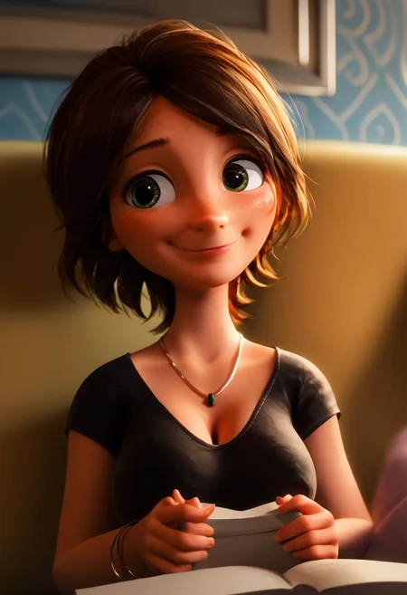 intricate details, score_9, score_8_up, score_7_up, score_6_up, score_5_up, source_anime, <lora:AuntCassBH6Pony1.0:1> auntcass, 1girl, brown hair, short hair, solo, black shirt, blurry background, laying on couch, reading a book, (big breasts), ((deep cleavage)), top down view, looking toward viewer, <lora:OtherStyle_03:0.5>, <lora:The_last_of_us_Style:0.3> <lora:pony_good_hands:1> good_hands, better_hands, 3D, cleavage, green eyes, bracelet, holding book, smile, necklace, small mouth