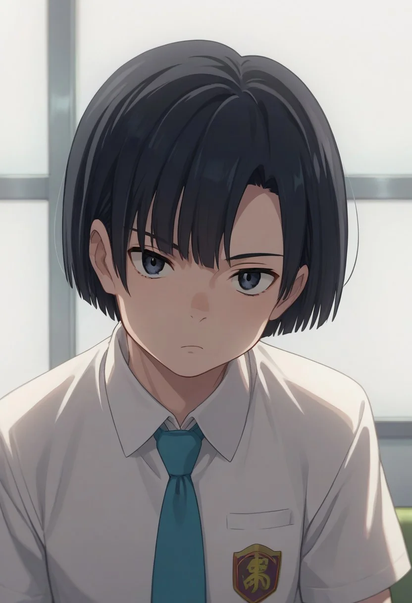 score_9, score_8_up, score_7_up, source_anime, highly detailed,
nagiamano, 1boy, male focus, solo, necktie, blue necktie, black hair, short hair, bangs, school uniform, shirt, looking at viewer, bored,
indoor,