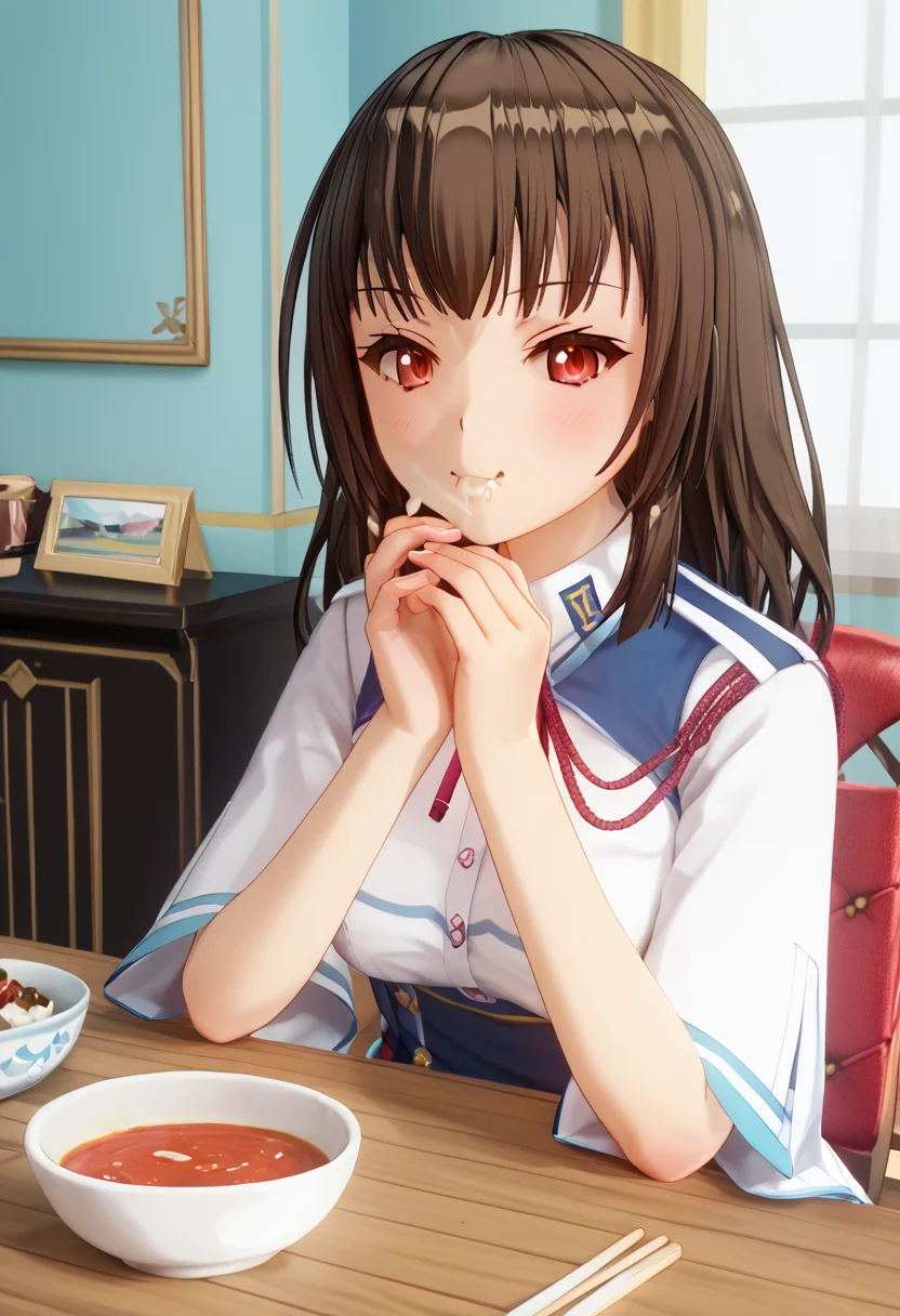 score_9, score_8_up, score_7_up, BREAK source_anime, (masterpiece), (best quality), 1girl, chihara_yukine, red colored eyes, brown colored hair, straight hair, (ultra detailed), colorful light, shine, looking at viewer, eating udon with chopstics, sitting on chair, living room background, bowl with udon is on table, <lora:chihara_yukine-V2:0.9>, upper body only