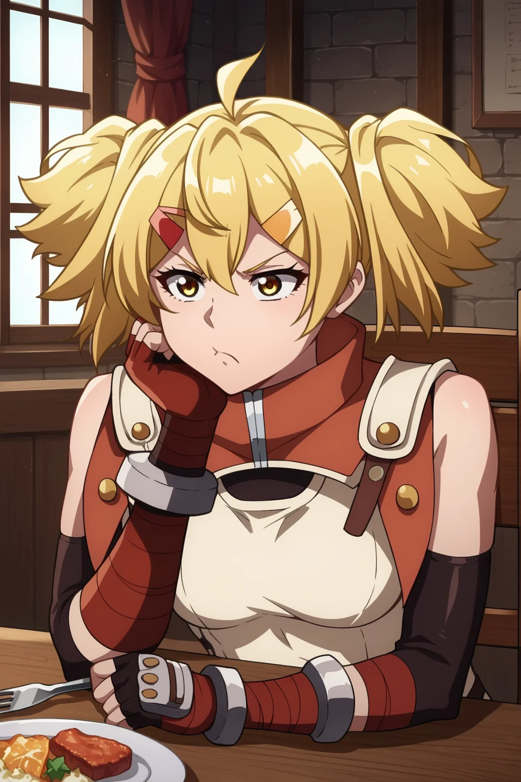 score_9, score_8_up, score_7_up, source_anime,
<lora:OiKatzo_epoch_03:1.0>
OiKatzo, combat-outfit, chair, yellow eyes, 1girl, blonde hair, ahoge, fork, hair ornament, solo, high collar, window, indoors, short twintails, plate, fingerless gloves, twintails, armor straps, table, breasts, gloves, sitting, hairclip, head rest, pout,