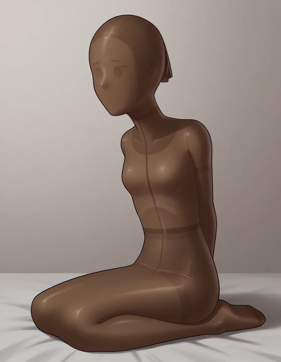 score_9, score_8_up, score_7_up, score_6_up, score_5_up, score_4_up, 1girl, solo,
<lora:Nylencased v3:1> nylencased, mummification \\(bound\\), restrained, legs together, feet together, encasement, (full body encasement), (arms behind back:1.2), brown pantyhose, bodystocking, nervous, breasts, close-up, sitting, knees up, (pantyhose on head:1.4), (pantyhose over face, flat hair, covered hair:1.4), (faceless)
<lora:Furfrou_v2:0.8> furfrou, (dog ears, dog tail, dog girl), small breasts, tall female, skinny, very tall, lanky,