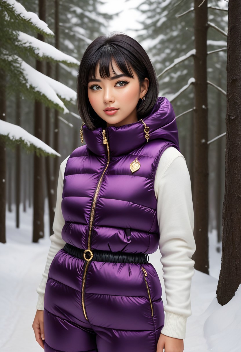 ((((puffer padded jacket)))), ((((puffer padded coat)))), ((((full body)))), ((((fur boots)))), ((((puffer pants)))), ((((puffer hood up)))), winter, snow, forest, 1girl, solo, (masterpiece), detailed face, detailed eyes, (beautiful detailed eyes:1.5), sidelighting, (super detail, hyper detail, intricate_details, detailed), (semi realistic:1.6), (Bob cut), blunt bangs,(black hair), (purple eyes, eyelashs), tanned skin, smug smile, angry face, Golden jewelery, golden rings, golden necklace, golden armlets, golden chains, padded collar, Thick padded collar, <lora:Collar-SDXL:0.6>, <lora:cropped_puffer_vest_v2:0.4>, <lora:snowpants_v1:0.4>