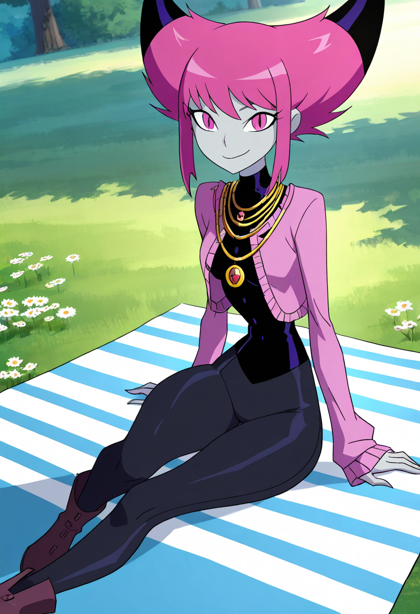 masterpiece, best quality, solo, curvy, beautiful eyes,  narrow waist, wide hips,  jnx, pink eyes, pink hair, grey skin, hair up, pale skin, medium hair, hair horns, short hair, colored skin, smile, looking at viewer,   ,       <lora:JinxTT_IXL:0.8>,   dynamic angle, foreshortening, close up, [Boho Picnic], Fringed cardigan, ankle boots, layered necklaces, Lounging on a picnic blanket in a field of wildflowers under soft, golden sunlight.