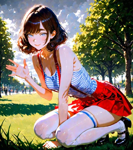 1girl, explicit, melusine_nemo, ((detailed face)), (detailed eyes), light_blue eyes, curly bobcut, detailed body, detailed skin, (realistic skin), cute smile, looking at viewer
BREAK red skirt, striped tanktop, red suspenders, white stockings, black mary janes
BREAK leaning forward, waving
BREAK (public park), sitting on grass, france, overcast, ((detailed background)), perfect body, perfect, masterpiece, high score, great score, absurdres