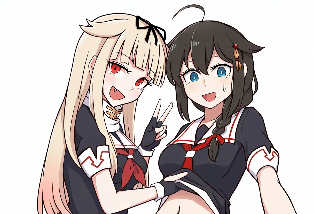(mata \(matasoup\):0.7), (wool \(miwol\):0.7),
2girls, multiple girls,
BREAK kantai collection, shigure \(kancolle\),
black hair,
face out of frame, medium breasts, black serafuku, (navel, lifted by self), fingerless gloves,
BREAK kantai collection, yuudachi \(kancolle\), blonde hair, long hair, hair flaps,
red eyes, looking at viewer,
medium breasts, black serafuku, white scarf,
selfie, v, single v, fingerless gloves,
smile, open mouth, fang,
BREAK
masterpiece, best quality, very aesthetic, absurdres