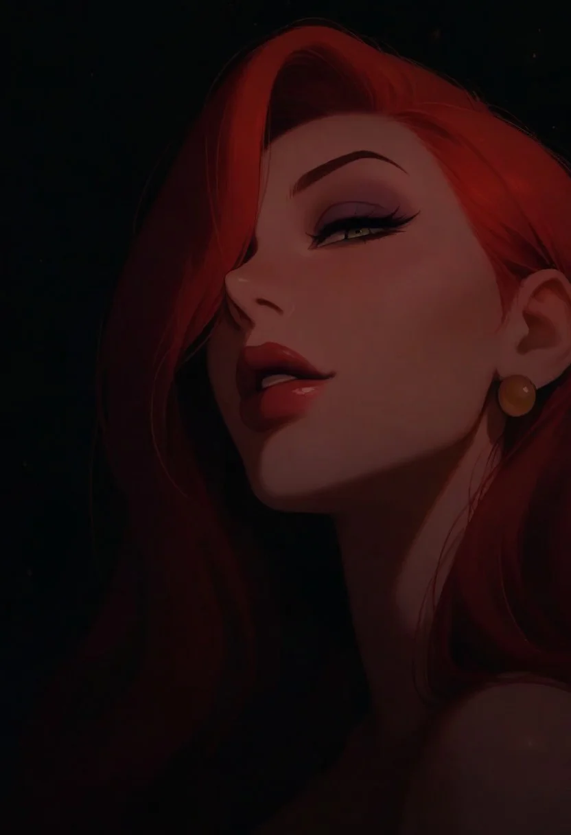 1girl, Jessica Rabbit, solo, dark, light, masterpiece, best quality, very aesthetic, close up, red hair, parted lips