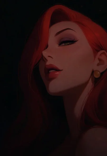 1girl, Jessica Rabbit, solo, dark, light, masterpiece, best quality, very aesthetic, close up, red hair, parted lips