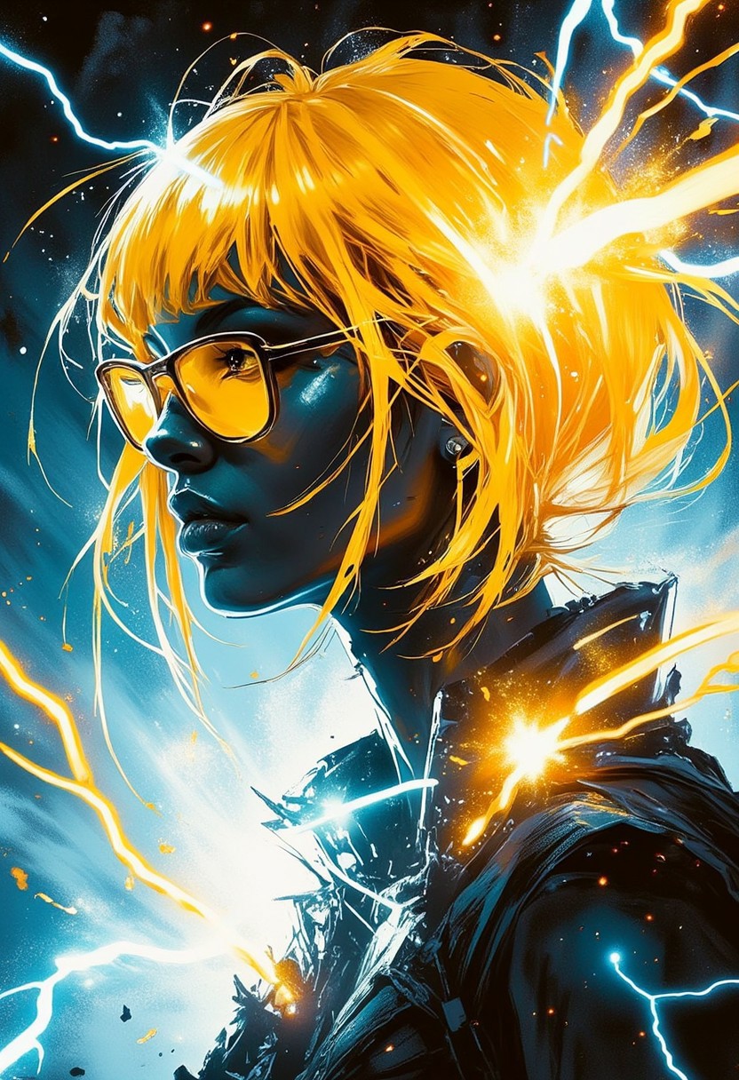 Silhouette Art, magnificent. sparks of electricity coalesce into female thunder elemental, long electric yellow hair, bangs, pulsing with yellow and blue electrical energy, closeup portrait