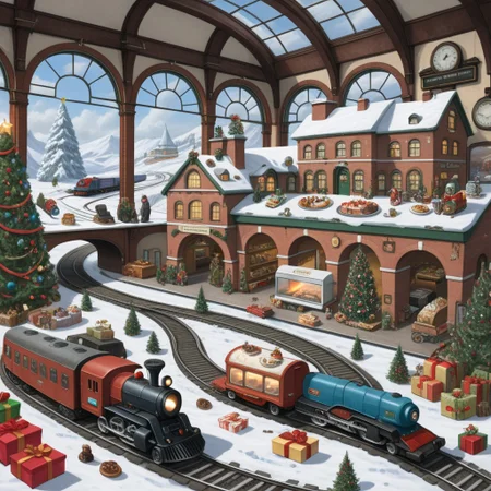 On the grownd in the living room [train station, bridge, window, science fiction, traditional media, motor vehicle, day, vehicle focus, road, gift, railway, christmas, food, cloud, box, cake, fireplace, plant, weapon, snow]