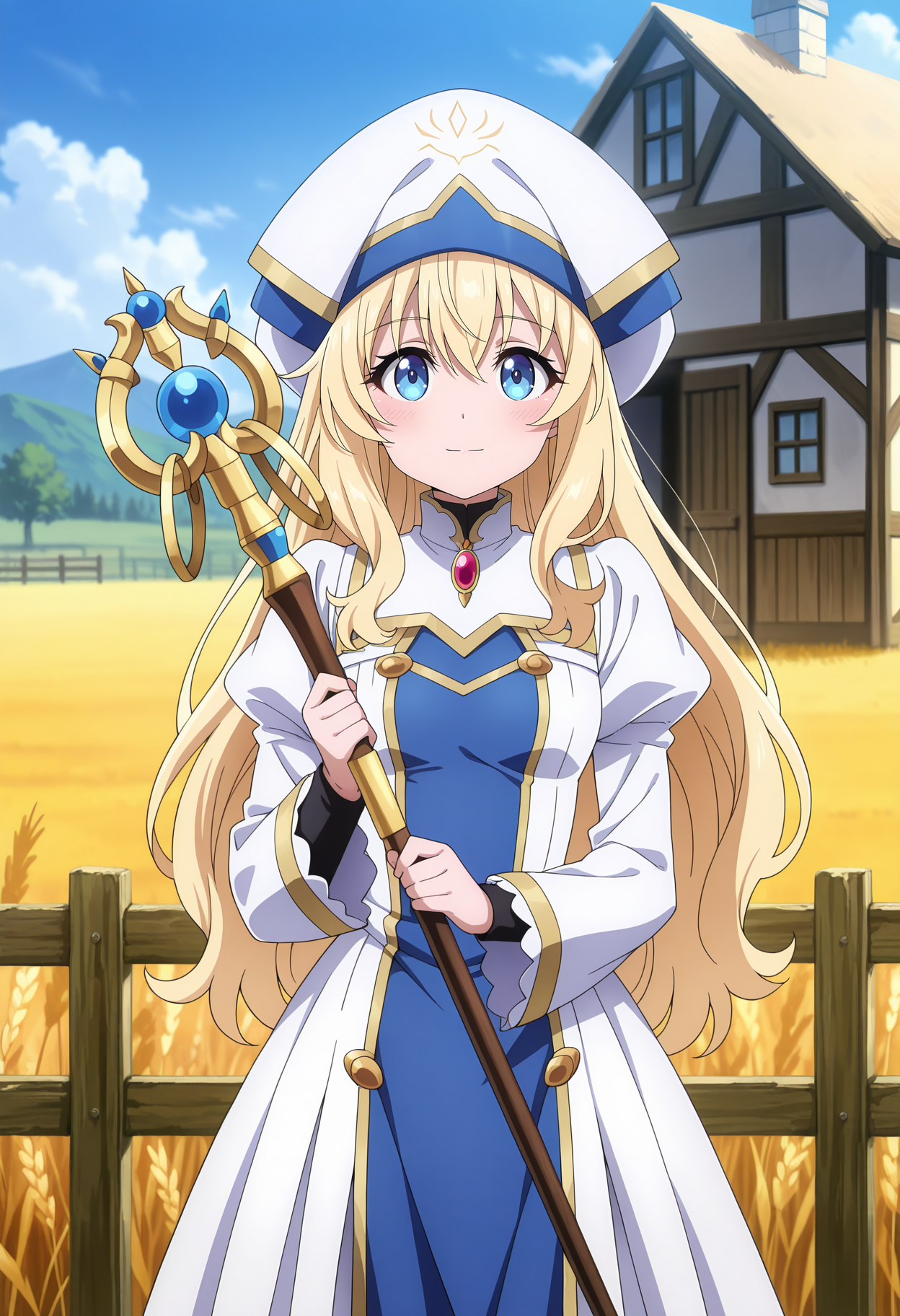 anime screencap, masterpiece, best quality,
<lora:GoblinSlayer_Priestess_IlluXL:0.9>,
1girl, solo, closed mouth, light smile, blush,
long hair, hair between eyes, blonde hair, blue eyes,
multicolored headwear, multicolored dress, white dress, blue dress, red brooch, juliet sleeves,
holding staff, mage staff,
standing, looking at viewer, cowboy shot,
blurry background, farm, wooden fence, wheat field, scenery, house, day
