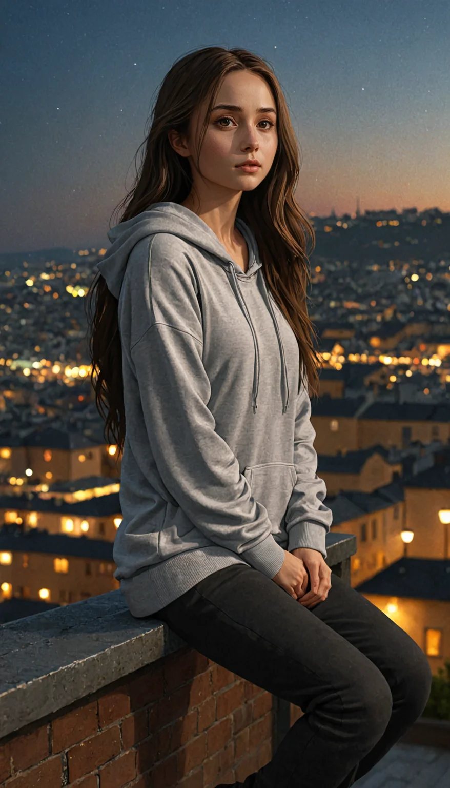 SelestXL3
moody illustration of a girl with long flowing hair, wearing a hoodie and dark pants, sitting on a rooftop railing overlooking a city at dusk, atmospheric lighting, cityscape in the background with glowing lights, highly detailed, 8k, high quality, artstation