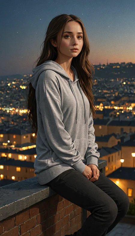 SelestXL3
moody illustration of a girl with long flowing hair, wearing a hoodie and dark pants, sitting on a rooftop railing overlooking a city at dusk, atmospheric lighting, cityscape in the background with glowing lights, highly detailed, 8k, high quality, artstation