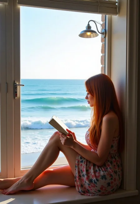 A woman with long, flowing red hair sits by a window, lost in a book.
The window frames a view of the ocean, its blue waves crashing against the shore.
The woman wears a floral dress, and her legs are stretched out before her.
A single light fixture hangs from the ceiling, casting a warm glow over the scene.
The woman's relaxed posture and the tranquility of the setting create a sense of peace and solitude.
A beautiful depiction of a moment of quiet contemplation. Skillful use of light and shadow creates a sense of depth and realism. The overall effect is one of beauty and serenity.