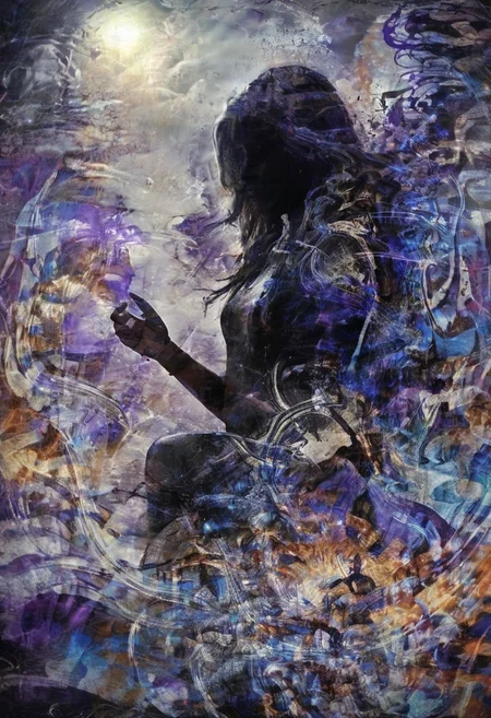 a world inside me, street, epic fantasy, dark fantasy, gritty, real, graffiti, long hair, silhouette, expressionism art, fractals, stopwatch, deep purple and gray, at dusk, cinecolor, (dimmed colors:1.1), hdr, mentixis, linquivera