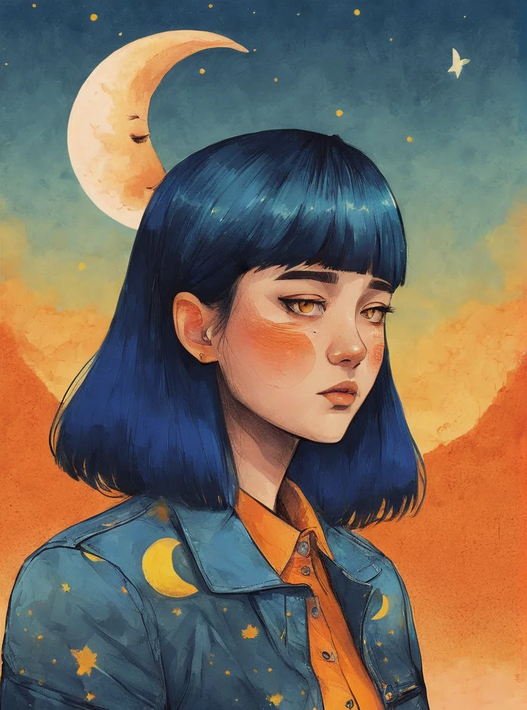 1girl, bangs, black jacket, blue hair, crescent moon, evening, ginkgo leaf, gradient, gradient background, gradient sky, jacket, long hair, moon, orange background, orange sky, shirt, solo, sunset, twilight, upper body, white shirt, yellow background, yellow sky, yellow theme, pop surrealism , <lora:Graphic_Portrait:0.75>