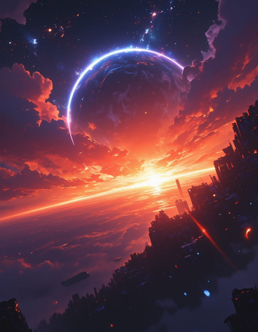 <lora:SW01v2-1flux:1> sw01p, EFFD02, imagination, epic world, halos of light in the darkness of space, sunset,