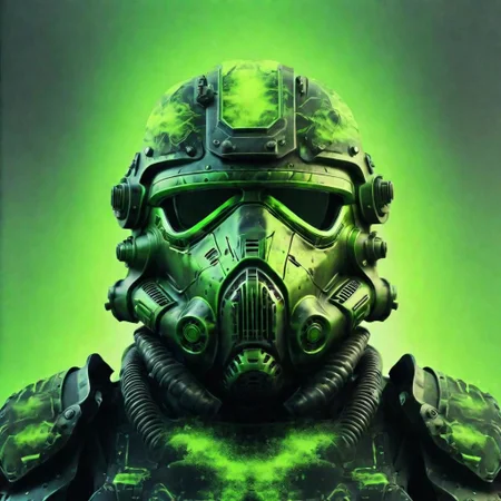 blackneongreen, double exposure, doubleexposurestyle, power armor helmet, nuclear wasteland scene, symmetrical, nuclear winter background,