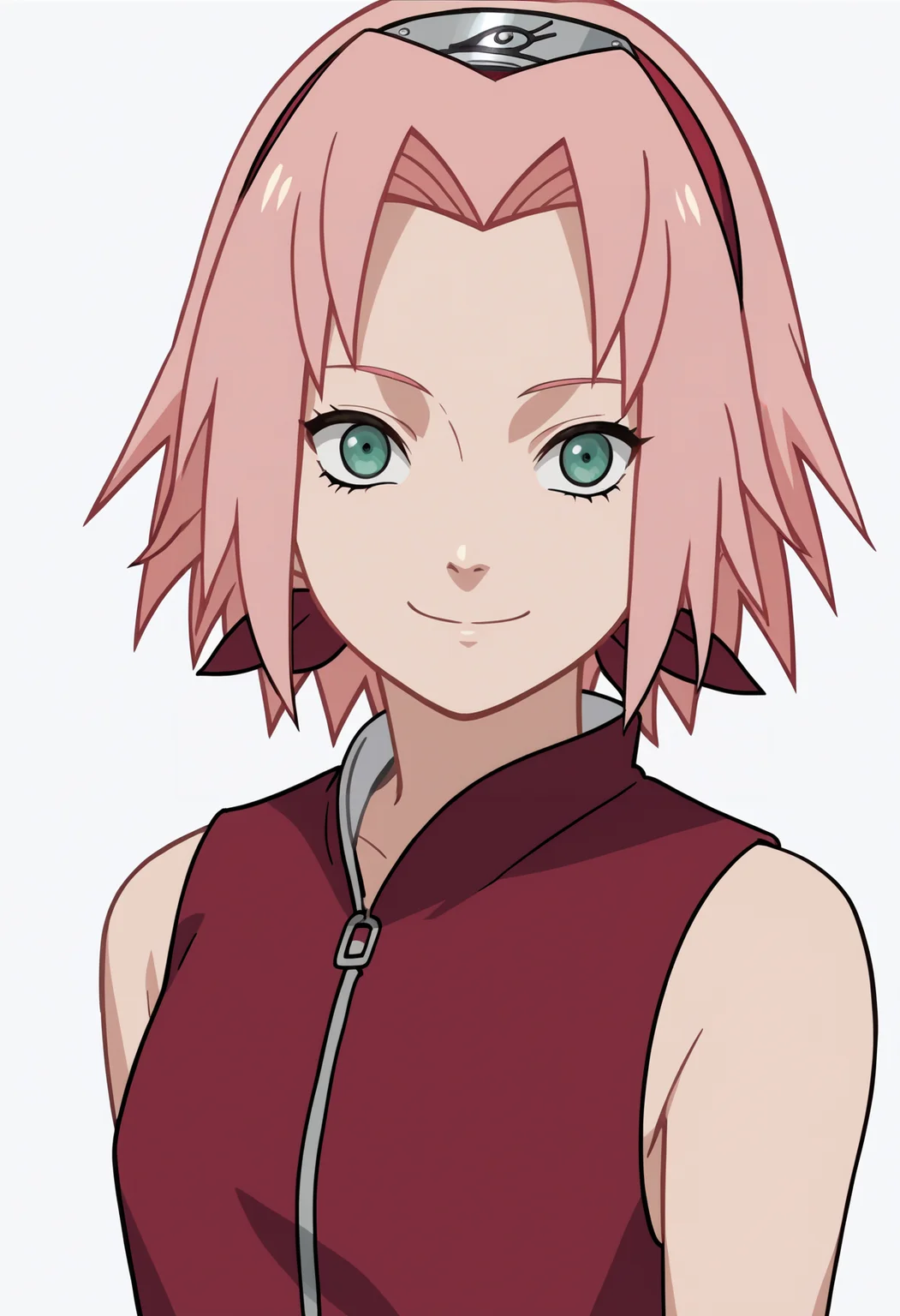 score_9, score_8_up, score_7_up, score_6_up, score_5_up, score_4_up, BREAK, source_anime,
1girl, haruno sakura, pink hair, short hair, green eyes, sleeveless, red shirt, forehead protector,
hands behind back, smile, upper body, looking at viewer, solo, simple background, white background, anime screencap, anime coloring <lora:SakuraShippudenXL:1>