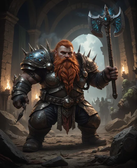 JibDw@rf This is a highly detailed digital artwork depicting a dwarf warrior (Gotrek) swinging his battle axe in a battle fantasy setting, rendered with incredible attention to detail and dramatic lighting. The character dominates the foreground, portrayed in a dynamic pose while wielding a massive double-headed battle axe with ornate decorations. The dwarf's most striking feature is his vibrant orange-red hair and beard, styled in an elaborate warrior fashion. His beard is meticulously braided into thick plaits adorned with metal rings and skull decorations. Atop his head is a distinctive mohawk-style crest, fierce and unconventional appearance. His ears appear pointed or adorned with pointed decorations, adding to his exotic warrior appearance. His armor is a masterwork of fantasy design, combining brutal functionality with ornate aesthetics. The shoulder pauldrons are adorned with threatening spikes, while other parts of his armor feature intricate blue-glowing runes or tattoos that seem to pulse with magical energy. These mystical markings create a striking contrast against the dark, battle-worn metal of his armor. Chains drape across portions of his armor, adding to the warrior's imposing presence. The dwarf's weapon is particularly noteworthy - a massive double-headed battle axe that appears to be nearly as tall as he is. The axe features elaborate engravings and designs along its surface, with similar blue-glowing runes or energy patterns matching those on his armor. The weapon's handle is wrapped in leather or similar material for grip, and its overall design suggests both ceremonial significance and lethal functionality. The scene's lighting is particularly dramatic, with warm, golden light (possibly from torches) illuminating one side of the character, while a cooler blue light source from the background creates an effective contrast. This lighting setup enhances the three-dimensional quality of the image and adds to its cinematic feel. In the background, and all around are what appear to be enemies or adversaries.lots of small orc's or similar creatures with green skin and an aggressive expression, wielding what appears to be a knife or daggers. The background setting suggests a dark, stone-walled interior, possibly a dungeon or fortress, with architectural elements visible in the shadows. The overall composition creates a sense of imminent action or combat, with the dwarf warrior positioned as if ready to engage in battle. The quality of the rendering is exceptional, with fine details visible in everything from the individual hairs of the beard to the textures of the metal armor and the intricate patterns of the glowing runes. The image successfully combines traditional fantasy dwarf elements (the elaborate beard, heavy armor, and battle axe) with more contemporary or unusual touches (the orange mohawk), creating a character that feels both familiar and unique within the fantasy genre. The technical execution of the artwork, particularly in terms of lighting, texture, and detail, suggests this is likely from a high-end video game or professional digital art piece.