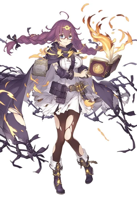 1girl, dorothy_sinoalice, purple hair, glasses, long hair, braid, torn clothes, smile, large breasts, blue eyes, full body, ahoge, hair ornament, dress, messy hair, twin braids, torn pantyhose, hairclip, holding book, skirt, gloves, cape, standing, closed mouth, belt, boots, semi-rimless eyewear, long sleeves