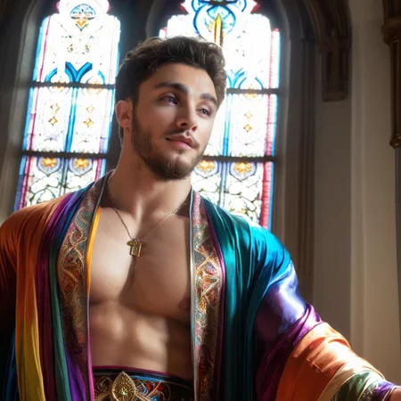1boy, male focus, beard, Papi, from above, (handsome young cleric conjuring magic), facial hair, (shirtless), (intricate multicolored robes, silk shirt), long swirling robes, best quality, absurdres, masterpiece, light particles, stained glass, realistic face, realistic skin, bodybuilder, medium hair, (brutalmass, @brtlmss1)