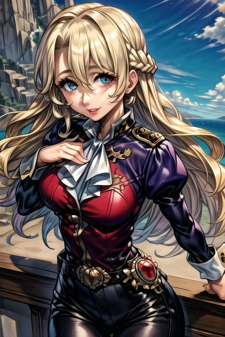 masterpiece, Lily Kokoschka , best quality, best quality, ultra-detailed, highres,sharp focus,(ultra detailed,extremely detailed), 1girl,(masterpiece, best quality), LilyKOKOSCHKA, 1girl, solo, long hair, blonde hair, hair between eyes, uniform, ascot, wavy hair, eyes visible through hair, white ascot, riding pants, hungry clicker,