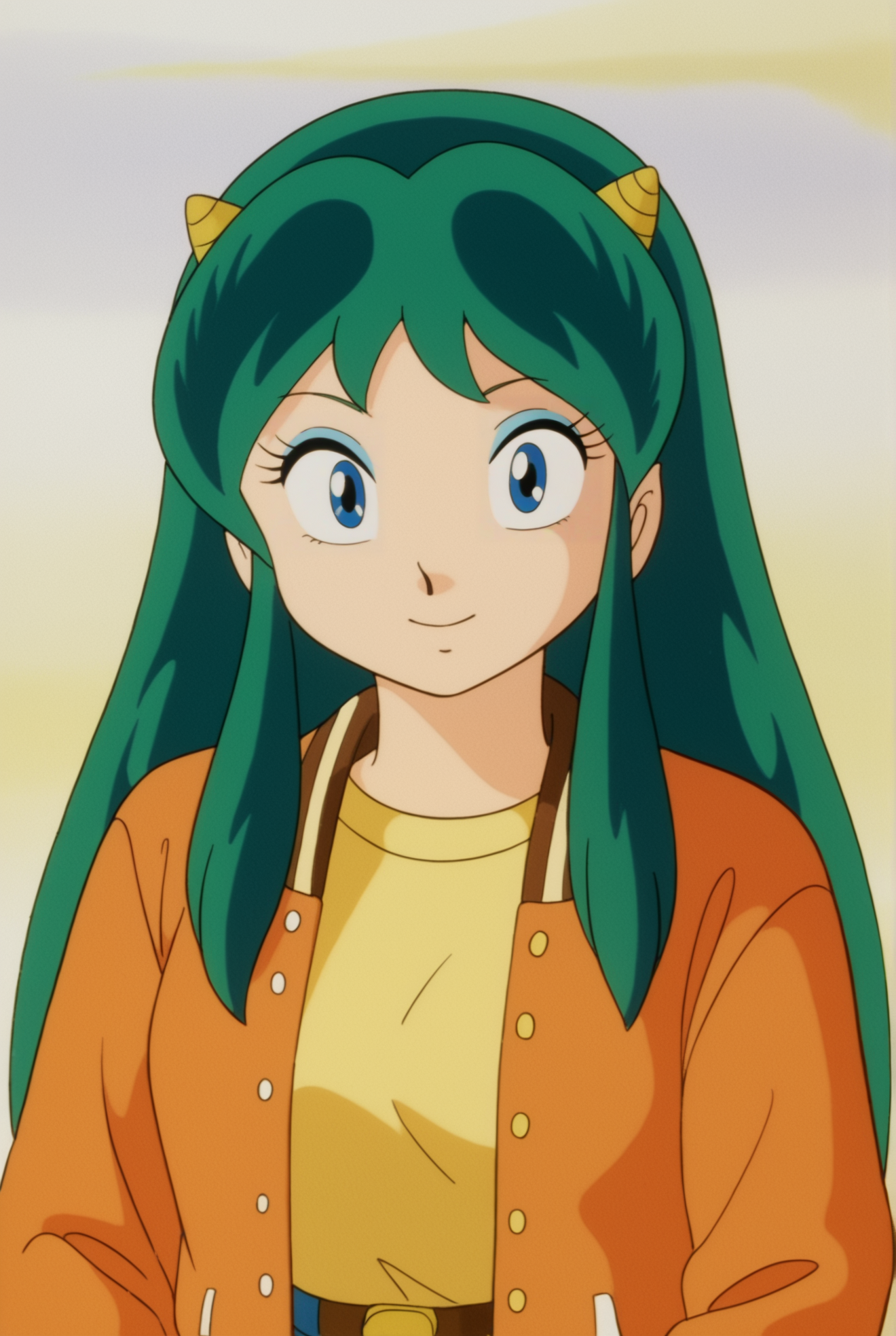 <lora:Lum:0.8>, white background, horns, makeup, shirt, jacket, Lum, portrait, smile, retro artstyle, 1980s \(style\)