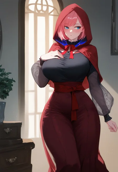 (score_9, score_8_up, score_7_up, high quality, best quality, ultra-detailed, very aesthetic, illustration, perfect composition, intricate details, absurdres, high res image, masterpiece, vibrant colors, beautiful face, detailed face, 1girl, solo focus, perfect eyes, detailed eyeshand, perfect hands), female, pink hair, medium hair, bob cut, swept bangs, blue eyes, pale skin, thick thighs, perfect body, voluptuous, huge breasts, curvy body, narrow-waisted, wide hips, (luiThird, red hood, hooded cloak, black shirt, frilled collar, long sleeves, see-through sleeves, neck ribbon, long skirt, high-waist skirt, red skirt, cross-laced side slit, red sash, grey socks, black footwear, loafers), (blushing, looking away, hand on chest), (indoors, bedroom)