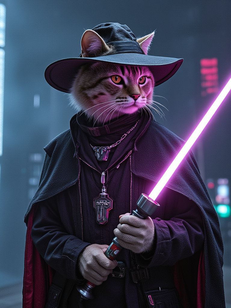 <lora:Space_Worlds_01__Poetic_flux_beta:1> sw01p_flux, a cat in a hat, cyberpunk magician,