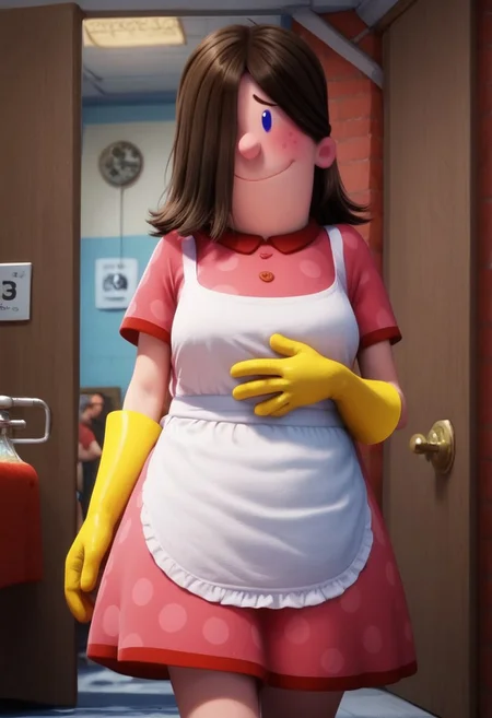 edith (captain underpants), 1girl, dark brown hair, hair over one eye, hair covering one eye, dot blue eyes, freckles, blush, pink polka dot dress, short sleeves, white apron, yellow dishwashing gloves, pink mary janes, white socks, plump, Expressiveh, shy, score_8_up, score_7_up, BREAK, 1girl, solo, looking at viewer, cute, smiling, smug, walking, waving at viewer, female focus, looking at viewer, detailed background, 4k, masterpiece, best quality, highly detailed, realistic, 3d, full shot