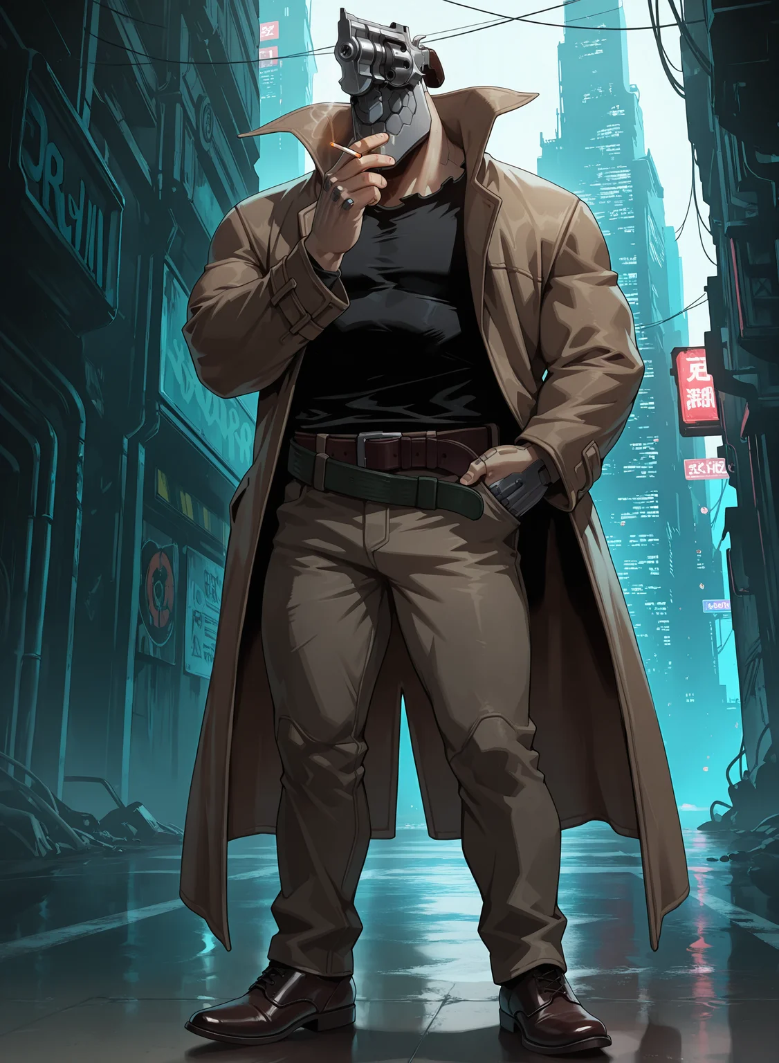 zPDXL2,general,masterpiece,best quality,amazing quality,anatomically correct,cyberpunk city,dim_lighting,looking_to_the_side,male focus,(from_side:0.4),1boy,solo,
juz01nu1,revolver head,cyborg,coat,pants,belt,black shirt,leather shoe,holding cigarette,
standing,(spread legs:0.6),posing,looking_at_viewer,
<lora:NOOB_vp1_detailer_by_volnovik_v1:1>,<lora:zoroj:0.3>,<lora:Rokudenashi_Style_V1_ILXL:0.3>,<lora:Juzo_IL-000020:1>,