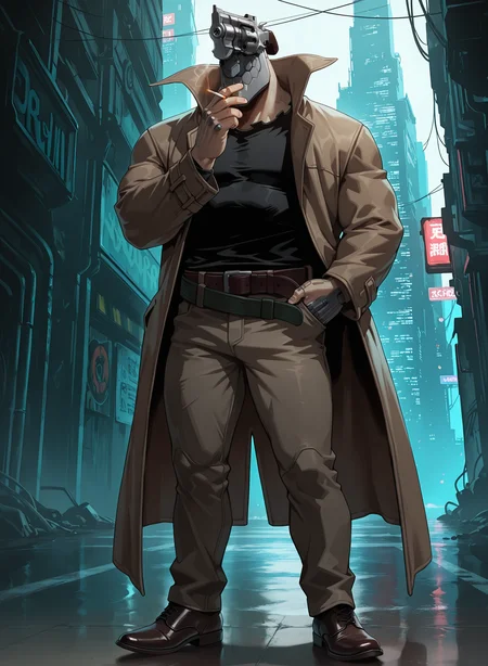 zPDXL2,general,masterpiece,best quality,amazing quality,anatomically correct,cyberpunk city,dim_lighting,looking_to_the_side,male focus,(from_side:0.4),1boy,solo,
juz01nu1,revolver head,cyborg,coat,pants,belt,black shirt,leather shoe,holding cigarette,
standing,(spread legs:0.6),posing,looking_at_viewer,
<lora:NOOB_vp1_detailer_by_volnovik_v1:1>,<lora:zoroj:0.3>,<lora:Rokudenashi_Style_V1_ILXL:0.3>,<lora:Juzo_IL-000020:1>,