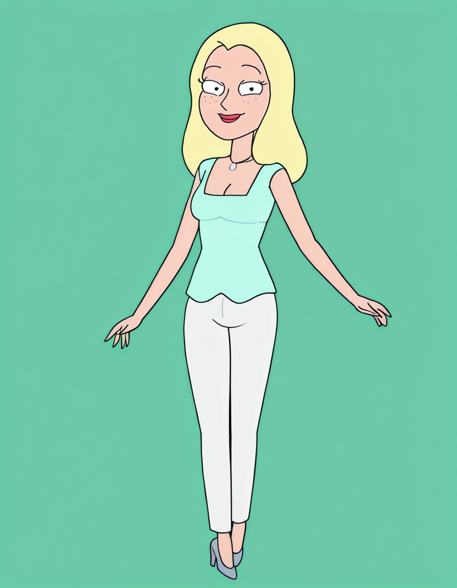 <lora:DianeIllustrious1.0JLFO:1> diane, 1girl, blonde hair, solo, freckles, long hair, necklace,breasts, cleavage, aqua shirt, smile,looking at viewer, full body, high heels,  simple background, pants,