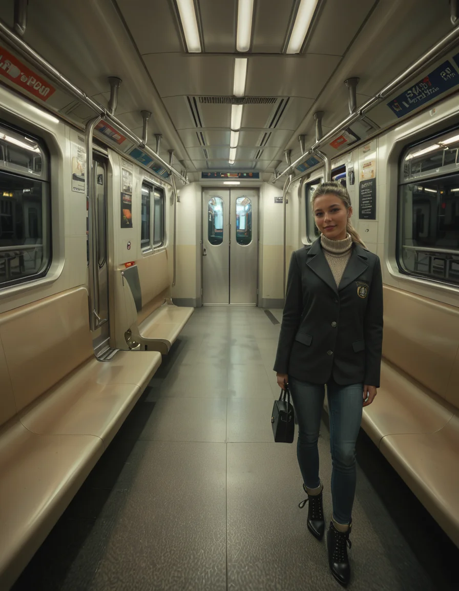 A modern subway train,Subw4y tr41n, in motion, with a single woman standing near the center of the train car, holding onto a shiny metal pole for balance as the train glides along the tracks. The woman is dressed casually yet stylishly, wearing a long black coat over a beige turtleneck sweater, paired with slim-fit jeans and ankle boots. Her hair is neatly tied back into a low bun, with a few loose strands framing her face. She has a thoughtful, calm expression, her gaze directed slightly downward as if lost in her own world. In her other hand, she holds a small tote bag, its strap looped over her wrist, with a paperback book peeking out from the top.
The subway car is clean but shows subtle signs of daily use. The walls are lined with muted gray panels, and the seats along the edges of the car are upholstered in a dark blue fabric, slightly faded from wear. Overhead, fluorescent lighting casts a bright, even glow across the interior, causing faint reflections on the polished floor, which is marked with the occasional scuff from commuters' shoes. Metal grab handles hang from above, gently swaying with the trainâs movement, and shiny steel poles are strategically placed throughout the car.
The windows on both sides reveal a blurry, motion-filled view of the dark subway tunnel, interspersed with flashes of graffiti-covered walls and dim utility lights. Above the windows, digital displays show the next stop in bright LED text, along with a route map that runs the length of the car. Small advertisements are mounted on the walls, showcasing everything from city events to product promotions, some with vibrant colors that add subtle contrast to the neutral tones of the train.
The atmosphere feels still and introspective, with the soft hum of the train and the occasional squeal of the wheels on the track. The train is sparsely occupied, with a few empty seats and subtle details like a forgotten coffee cup on one bench and a folded newspaper lying on the floor. The overall mood is quiet and reflective, capturing a moment of solitude and thoughtfulness during an ordinary subway ride.<lora:SDXLFaeTastic2400:0.4> <lora:extremely_detailed:0.4> extremely detailed, <lora:Subw4y_tr41n:1>, Masterpiece,best quality,hi res,8k,hi res,8k,award winning,(sharp focus, intricate, highly detailed),