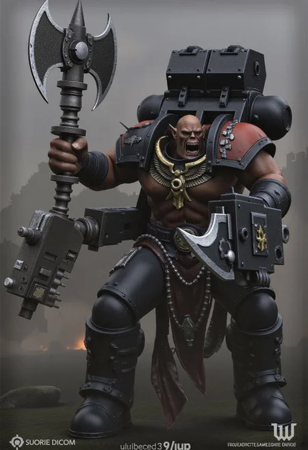 Score_9_up, absurdres, source: GamesWorkshop, grimdark, gothic horror, Warhammer 40000, a snarling ork is waving an axe in one hand and firing a machinegun in the other, lifelike, hyperrealism, perfect hands, perfect anatomy, project unreal engine