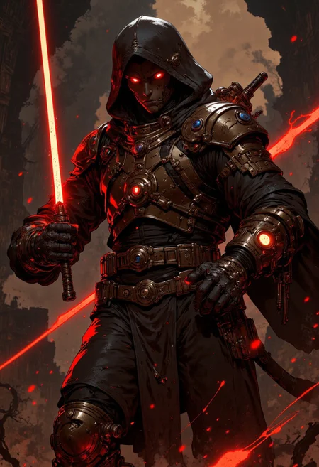 photorealistic, film grain, candid camera, color graded cinematic, eye catchlights, atmospheric lighting, macro shot, natural, shallow dof, orc sith lord, orc warrior, sith outfit, hood, gold glowing eyes, dual wielding lightsaber, red lightsaber, walking towards viewer, battlefield, scary battered clothes.  High-res, semi realistic, best quality, intricate details, ultra details, good lighting, vibrant colors, very detailed, octane render, ray tracing. mythp0rt