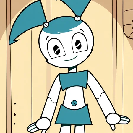 (masterpiece), (best quality), absurdres, intricate details, highres, <lora:XJ9_ILLUS_2:1> , xj1, 1girl, twintails, jenny wakeman, robot, robot, android, robot joints, crop top, skirt, looking at viewer, black eyes, smile, no nose
