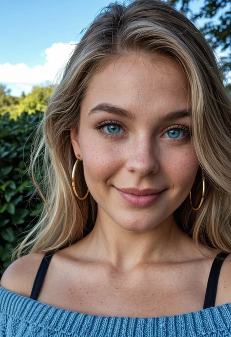 (masterpiece, best quality, ultra-detailed, realistic), 1girl, real life, detailed skin, sweater, hoop earrings, bare shoulders, sky blue eyes, head shot, close up, portrait, soft smile, slightly looking back at the viewer, sultry gaze