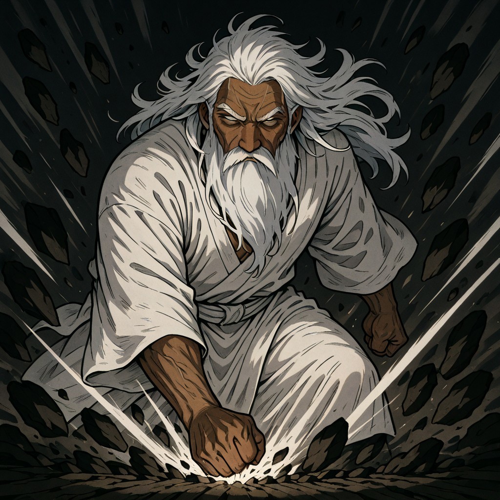 masterpiece, best quality, newest, absurdres, highres, ESPV1.0, punching, clenched hand, attack, rocks, 1boy, dark skin, dark skinned male, white hair, long beard, long hair, monk, white robe, white eyes, blind eyes, wrinkles, wrinkled face, wrinkled, wrikly, old, mature, old man