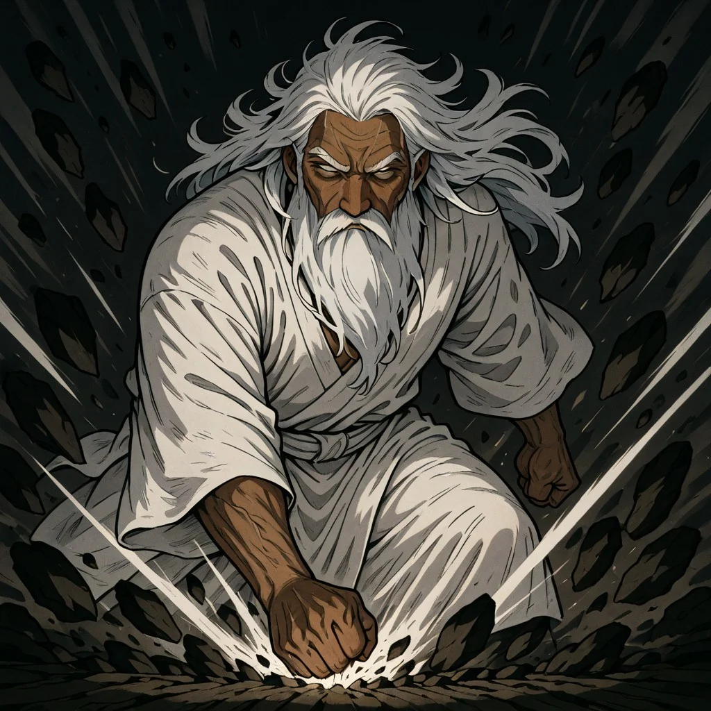 masterpiece, best quality, newest, absurdres, highres, ESPV1.0, punching, clenched hand, attack, rocks, 1boy, dark skin, dark skinned male, white hair, long beard, long hair, monk, white robe, white eyes, blind eyes, wrinkles, wrinkled face, wrinkled, wrikly, old, mature, old man