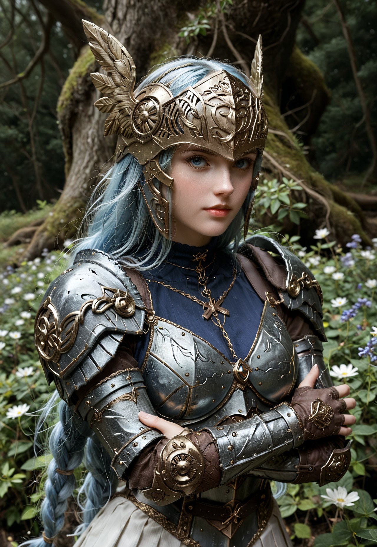 Create an artwork, it is of a beautiful woman, she is about 24 years old. She has fair and smooth skin. She has silvery blue hair. Incredible detail and clarity. She has a smooth and rounded jawline, and soft face. Her hair free with some braids. 

Woodland setting.

Valkyrie helm, beaked helm, winged helmet. White pleated skirt. ((Blue metal armor)), arm braces.