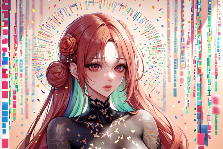 highly insanely detailed, masterpiece, top quality, best quality, highres, 4k, 8k, RAW photo, (very aesthetic, beautiful and aesthetic),  
(code_style,codestyle),japanese text,english text, 
<lora:CodeStyle (half generic class)_564920:0.8>, 
(1girl:1.3), 1other, 
pale pink background,orange background,(colored confetti background,rainbow background),âââ
