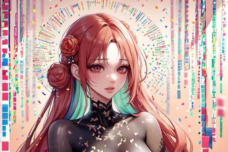highly insanely detailed, masterpiece, top quality, best quality, highres, 4k, 8k, RAW photo, (very aesthetic, beautiful and aesthetic),  
(code_style,codestyle),japanese text,english text, 
<lora:CodeStyle (half generic class)_564920:0.8>, 
(1girl:1.3), 1other, 
pale pink background,orange background,(colored confetti background,rainbow background),âââ