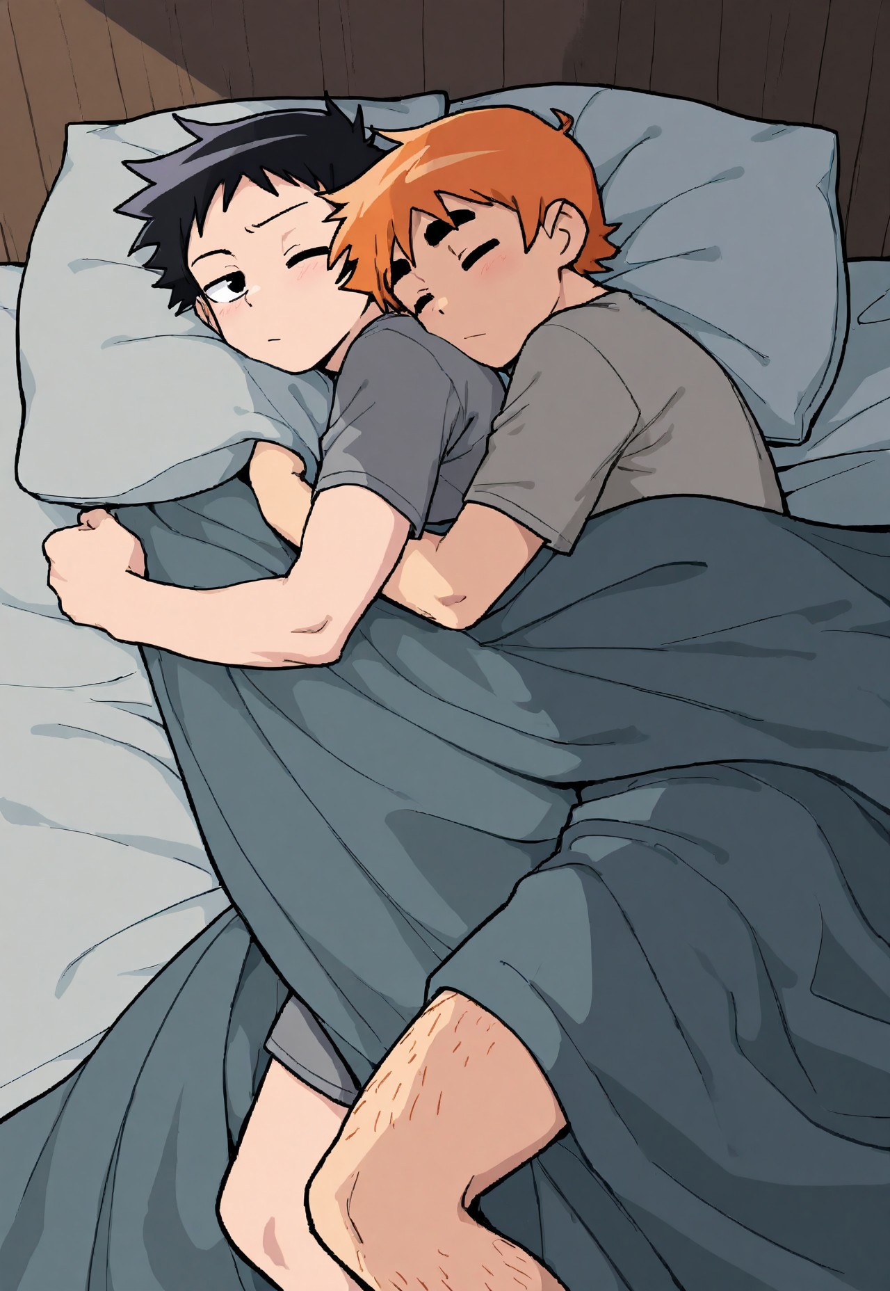 masterpiece, best quality, amazing quality, very aesthetic, absurdres, newest, detailed background, scwallace, male focus, scott, orange hair, grey t-shirt, body hair, wallace, one eye closed, black hair, grey t-shirt, lying, on bed, under covers, cuddling, spooning, bearhug, falling asleep, bedroom