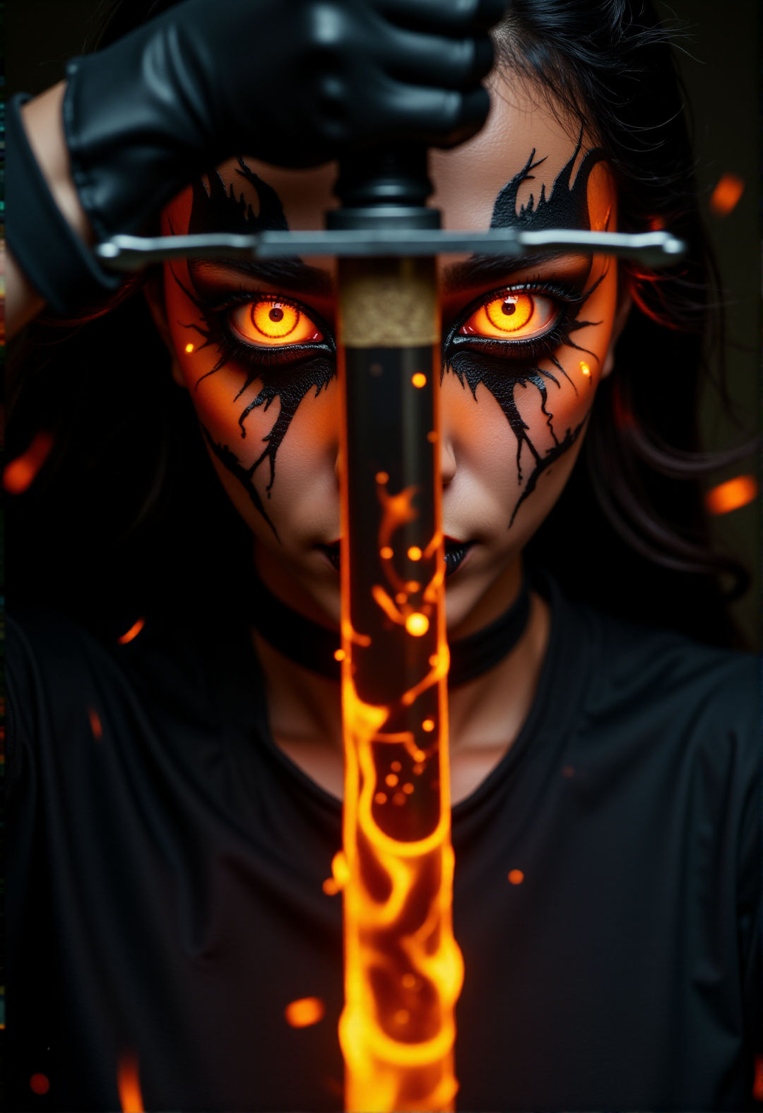 Horror-themed сlose-up. The battle witch. (katana flaming sword in front of you, shiny metal:1.3). (black gaping eyes, fire in the eyes:1.2). (black-fire pupils:1.2). Black veins, black lips and black mouth paint. Pale gray face, pale dry lips. Glare, flying particles of flame and embers. Scary and mystical atmosphere.
 <lora:DarksunRiddV4:1> 
<lora:New_Fantasy_CoreV4_FLUX:1>
 <lora:FL-bailing-24-0906Fire Spirit:0.7> bailing_fire, A girl made entirely of flames stands. Eerie, unsettling, dark, spooky, suspenseful, grim, highly detailed