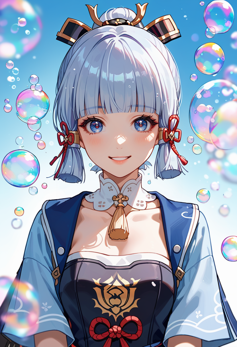 score_9, score_8_up, score_7_up, source_anime, perfect anatomy, ,cowbow shot ,front view,,,cute face , solo,looking at viewer, 20yo, 1girl, kamiato_ayaka,silver hair \(genshin imapct\) }, open eyes , soap bubble background fantasy, red bubbles, medium bubbles , rainbow bubbles ,large bubbles, smile beam, (clothed:1.2)<lora:soap-bubble-fantasy-04:1.2>