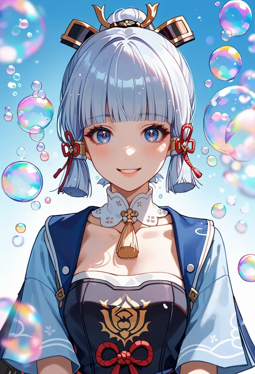 score_9, score_8_up, score_7_up, source_anime, perfect anatomy, ,cowbow shot ,front view,,,cute face , solo,looking at viewer, 20yo, 1girl, kamiato_ayaka,silver hair \(genshin imapct\) }, open eyes , soap bubble background fantasy, red bubbles, medium bubbles , rainbow bubbles ,large bubbles, smile beam, (clothed:1.2)<lora:soap-bubble-fantasy-04:1.2>