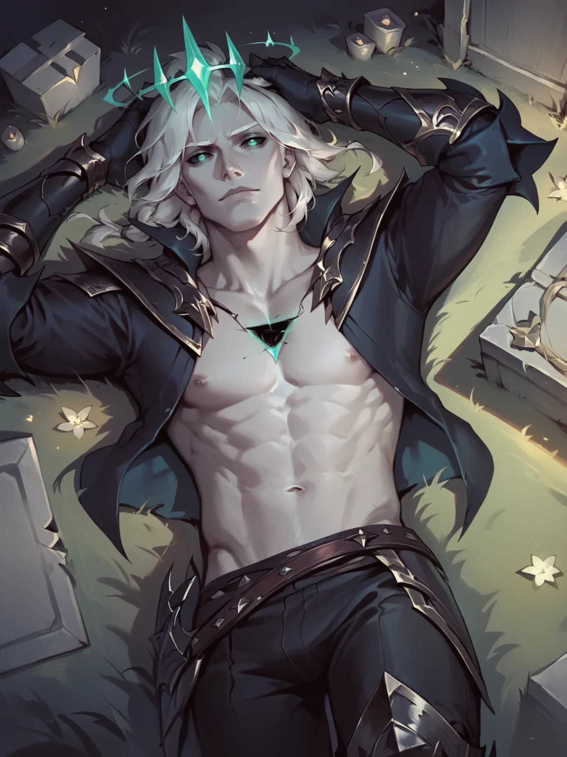 score_9, score_8_up, score_7_up, BREAK, Viego, 1man, solo, white hair, emerald halo crown, black wound in chest, high collar, short black jacket, black armored gauntlets, black pants, black armored boots, hands in hair, rolled eyes, night graveyard, lying on a tombstone, Concept Art <lora:ViegoNormal:1> <lora:Concept Art Twilight Style SDXL_LoRA_Pony Diffusion V6 XL:1>