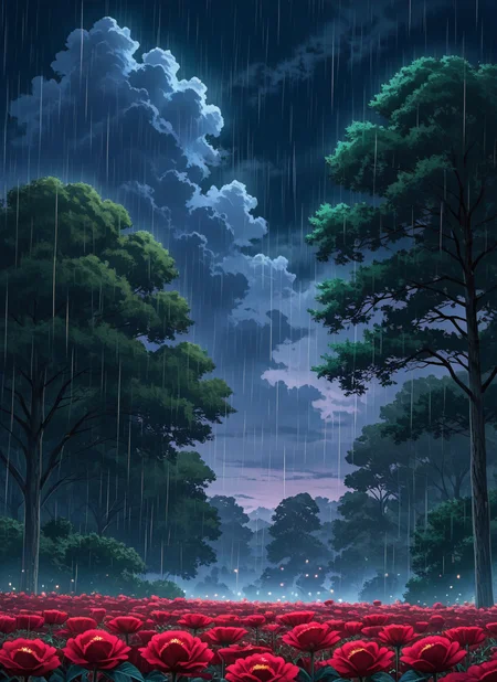 artist:, masterpiece, best quality, newest, very awa, absurdres, highres, scnr, night, rain, clouds, luminescent flowers, red flowers, wind, trees far away, detailed, <lora:SDXL\Illustrous\Concept\Scenery_Enchancer-Illu-scnr:1.0>